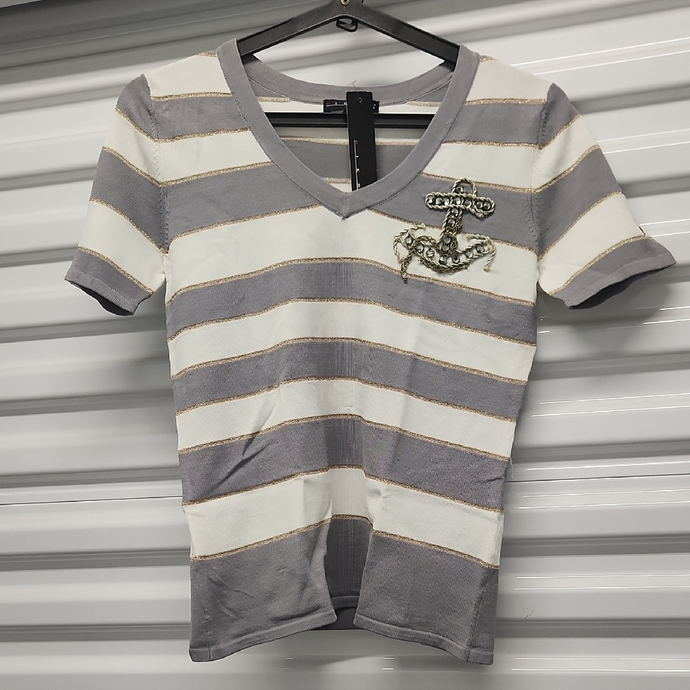 Pierri New York Gray and White Striped Tee Nwt SZ M - Picture 1 of 6